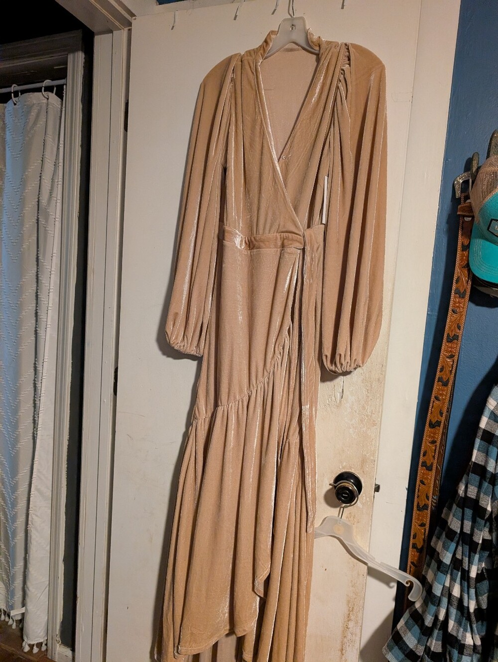 Aura Women’s Long Wrap Maxi Dress in Taupe
